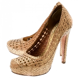 Pre Owned Prada Metallic Gold Woven Leather Madras Platform Pumps Size 38