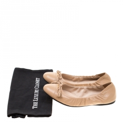 Pre Owned  Prada Beige Leather Fringe Bow Logo Cap Toe Ballerina Flats Size 37