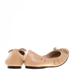 Pre Owned  Prada Beige Leather Fringe Bow Logo Cap Toe Ballerina Flats Size 37