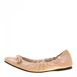 Pre Owned  Prada Beige Leather Fringe Bow Logo Cap Toe Ballerina Flats Size 37