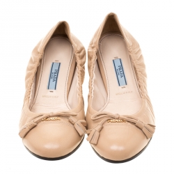 Pre Owned  Prada Beige Leather Fringe Bow Logo Cap Toe Ballerina Flats Size 37