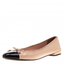 Pre Owned Prada Beige/Black Patent Leather Cap Toe Ballet Flats Size 38