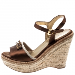 Prada Dark Brown Wedge Espadrille Bow Ankle Strap Sandals Size 36.5