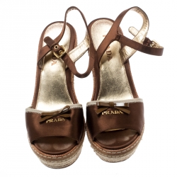 Prada Dark Brown Wedge Espadrille Bow Ankle Strap Sandals Size 36.5