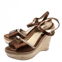 Prada Dark Brown Wedge Espadrille Bow Ankle Strap Sandals Size 36.5