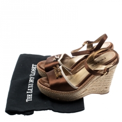 Prada Dark Brown Wedge Espadrille Bow Ankle Strap Sandals Size 36.5