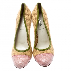 Pre Owned Prada Multicolor Woven Raffia And Alligator Cap Toe Pumps Size 36
