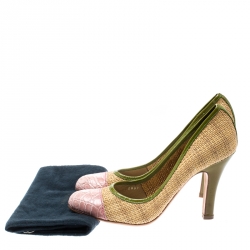 Pre Owned Prada Multicolor Woven Raffia And Alligator Cap Toe Pumps Size 36