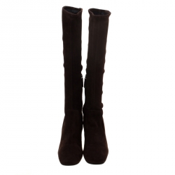 Pre Owned Prada Brown Suede Block Heel Knee Length Boots Size 39