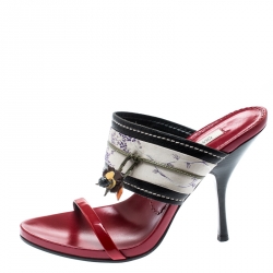 Prada Multicolor Floral Brocade Fabric And Leather Flower Detail Open Toe Slides Size 38