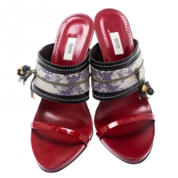 Prada Multicolor Floral Brocade Fabric And Leather Flower Detail Open Toe Slides Size 38
