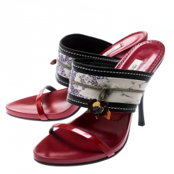 Prada Multicolor Floral Brocade Fabric And Leather Flower Detail Open Toe Slides Size 38