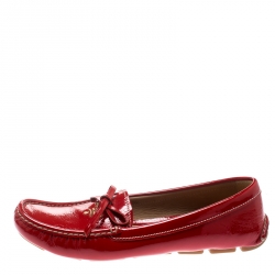 Pre Owned Prada Red Patent Leather Bow Loafers Size 39.5