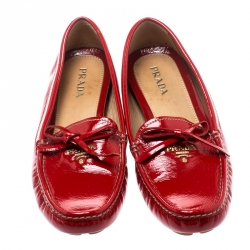 Pre Owned Prada Red Patent Leather Bow Loafers Size 39.5
