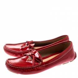 Pre Owned Prada Red Patent Leather Bow Loafers Size 39.5