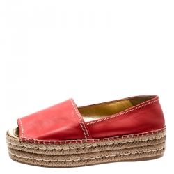 Pre Owned Prada Red Leather Open Toe Platform Espadrilles Size 40