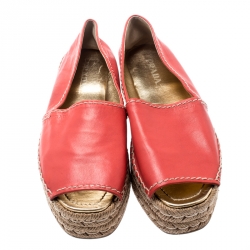Pre Owned Prada Red Leather Open Toe Platform Espadrilles Size 40