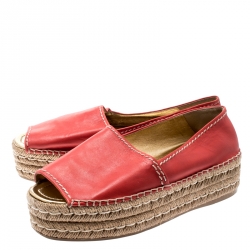 Pre Owned Prada Red Leather Open Toe Platform Espadrilles Size 40