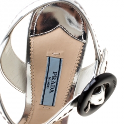 Prada Metallic Silver Mirror Leather Espadrille Platform Ankle Strap Sandals Size 36.5
