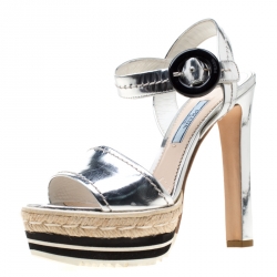 Prada Metallic Silver Mirror Leather Espadrille Platform Ankle Strap Sandals Size 36.5