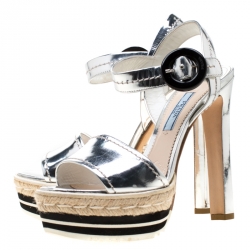 Prada Metallic Silver Mirror Leather Espadrille Platform Ankle Strap Sandals Size 36.5