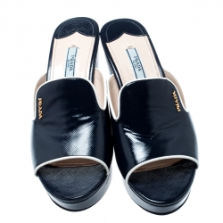 Pre Owned Prada Blue Saffiano Leather Wedge Mules Size 38