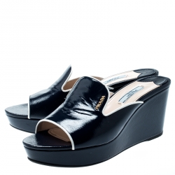 Pre Owned Prada Blue Saffiano Leather Wedge Mules Size 38