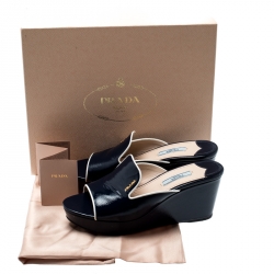 Pre Owned Prada Blue Saffiano Leather Wedge Mules Size 38