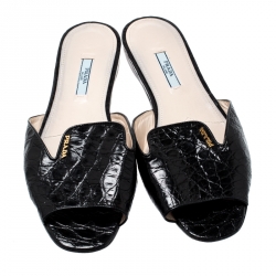 Pre Owned Prada Black Croc Embossed Leather Slide Size 40