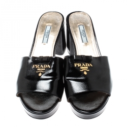 Pre Owned Prada Black Saffiano Leather Bow Block Heel Sandals Size 41