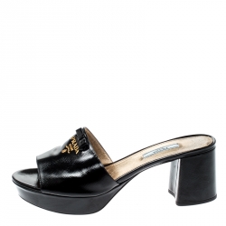 Pre Owned Prada Black Saffiano Leather Bow Block Heel Sandals Size 41