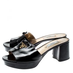 Pre Owned Prada Black Saffiano Leather Bow Block Heel Sandals Size 41