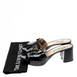Pre Owned Prada Black Saffiano Leather Bow Block Heel Sandals Size 41