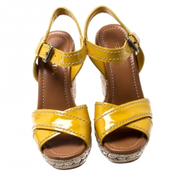 Pre Owned Prada Yellow Patent Leather Espadrille Wedge Cross Strap Sandals Size 38.5