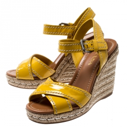 Pre Owned Prada Yellow Patent Leather Espadrille Wedge Cross Strap Sandals Size 38.5