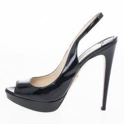 Pre Owned Prada Black Patent Platform Slingback Sandals Size 38.5