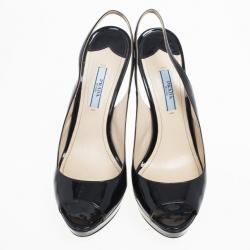 Pre Owned Prada Black Patent Platform Slingback Sandals Size 38.5