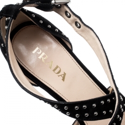 Pre Owned Prada Black Suede Studded Cross Strap Platform Sandals Size 38