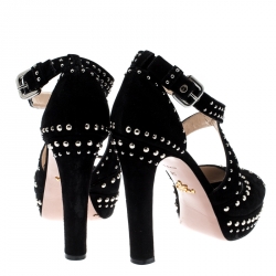 Pre Owned Prada Black Suede Studded Cross Strap Platform Sandals Size 38