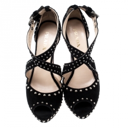 Pre Owned Prada Black Suede Studded Cross Strap Platform Sandals Size 38