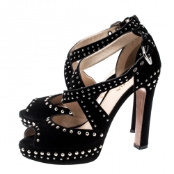 Pre Owned Prada Black Suede Studded Cross Strap Platform Sandals Size 38