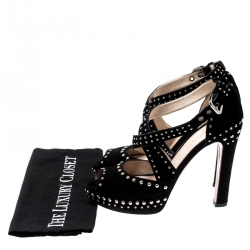 Pre Owned Prada Black Suede Studded Cross Strap Platform Sandals Size 38