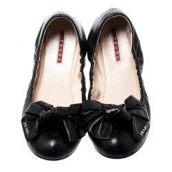 Pre Owned Prada Black Leather Bow Logo Scrunch Ballet Flats Size 41