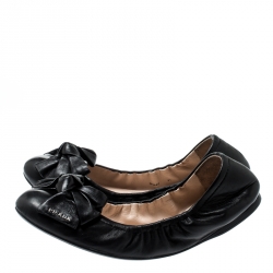 Pre Owned Prada Black Leather Bow Logo Scrunch Ballet Flats Size 41