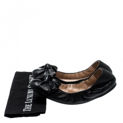 Pre Owned Prada Black Leather Bow Logo Scrunch Ballet Flats Size 41