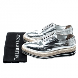 Prada Metallic Silver Brogue Leather Wave Wingtip Espadrille Platform Derby Sneakers Size 39.5
