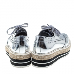 Prada Metallic Silver Brogue Leather Wave Wingtip Espadrille Platform Derby Sneakers Size 39.5