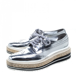 Prada Metallic Silver Brogue Leather Wave Wingtip Espadrille Platform Derby Sneakers Size 39.5
