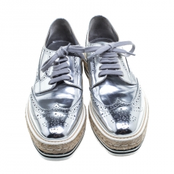 Prada Metallic Silver Brogue Leather Wave Wingtip Espadrille Platform Derby Sneakers Size 39.5