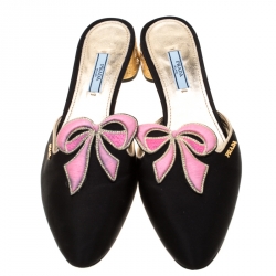 Pre Owned Prada Black And Pink Satin Bow Embellished Heel Mules Size 40
